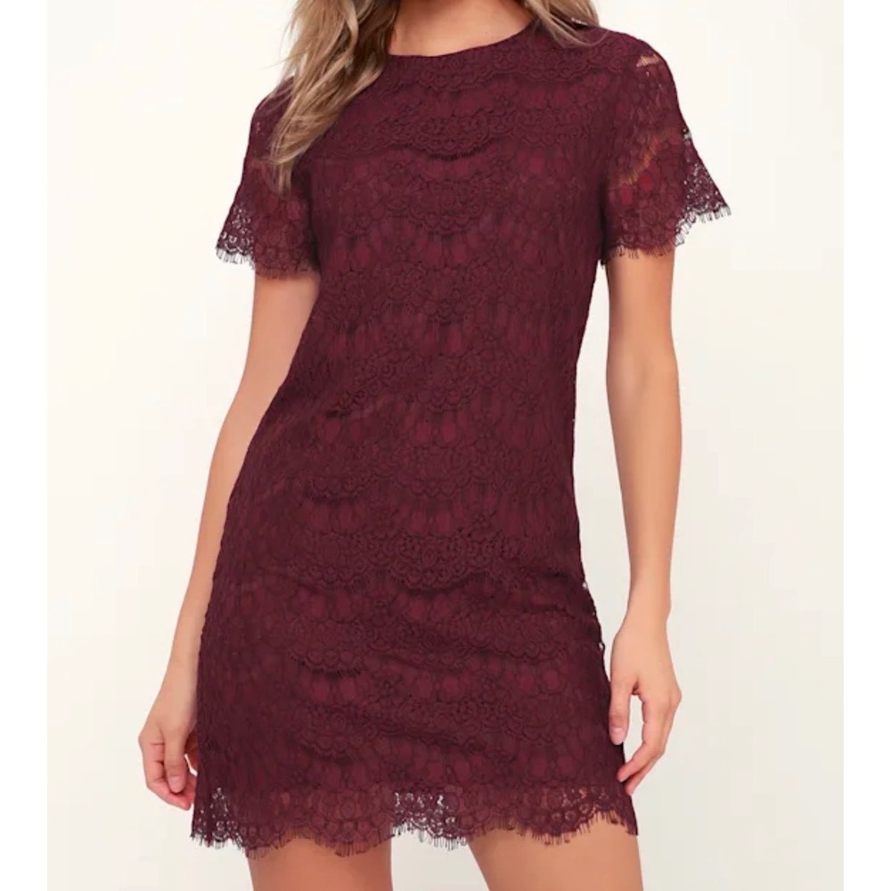 Lulus Take Me to Brunch Burgundy Lace Shift Mini Dress Size Medium NWT - Picture 2 of 11